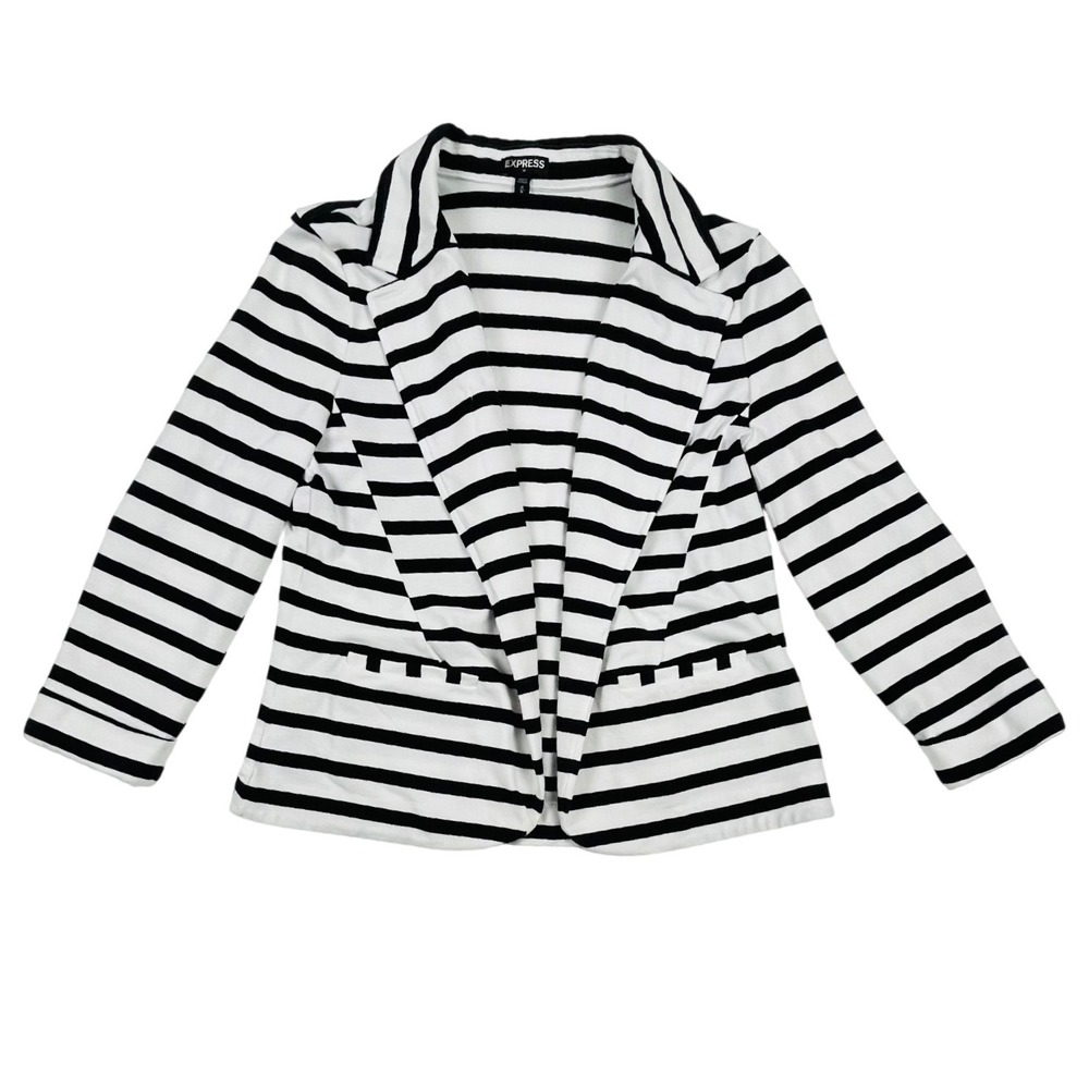 Express Womens Striped Open Front Blazer Jacket Black White Medium Cotton Blend
